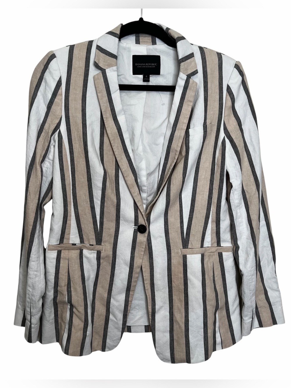 Banana Republic Long And Lean Blazer Striped Linen Blend Womens Sz 6 Tan White